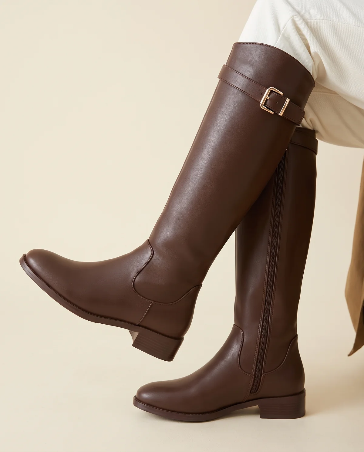Buckle-Strap Riding Boot in Chocolate, close-up of the detail