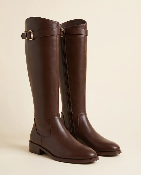 Buckle-Strap Riding Boot in Chocolate, product shot on a plain background