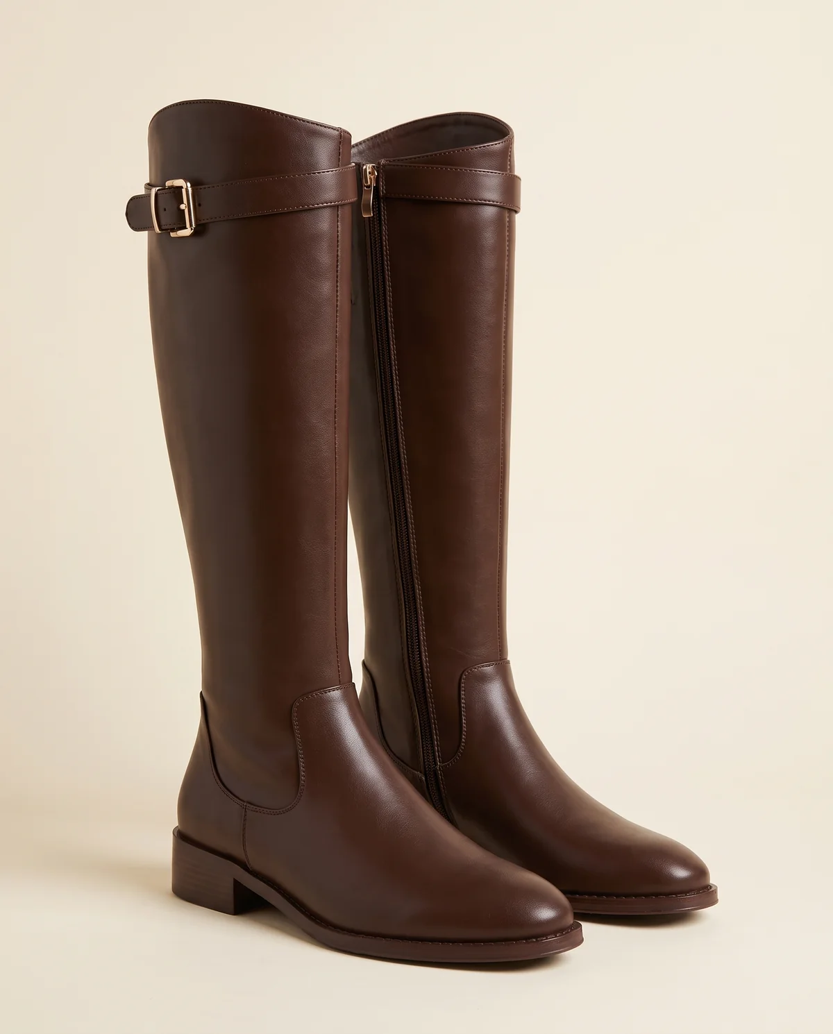 Buckle-Strap Riding Boot in Chocolate, product shot on a plain background