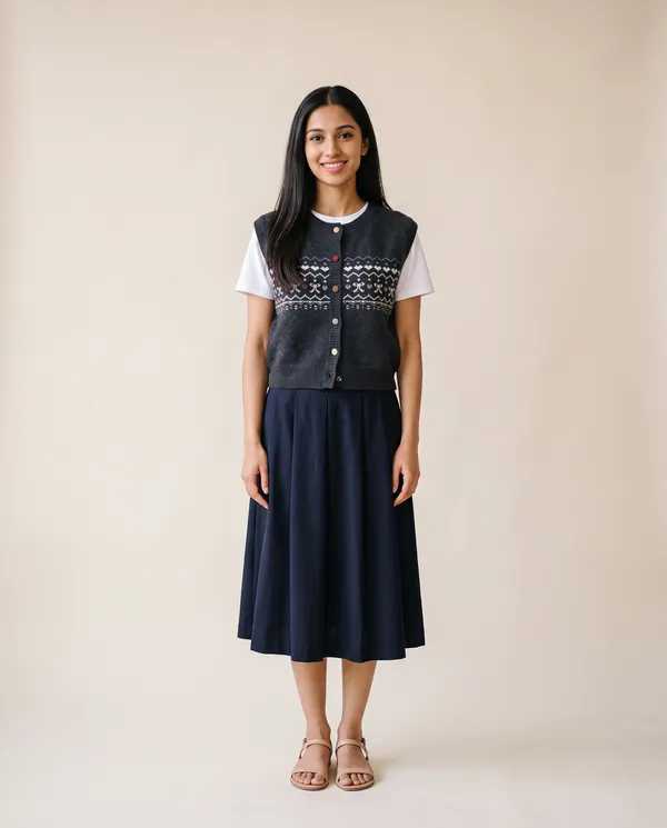 Fair Isle Bow Button Knit Vest in Charcoal, front view, worn by Priya