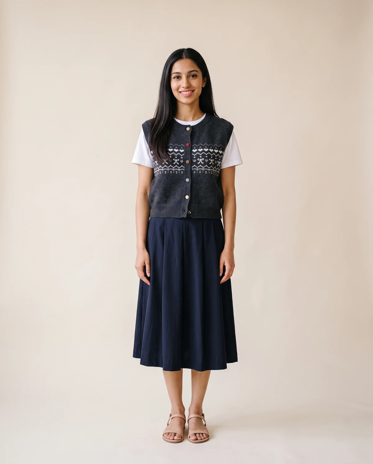 Fair Isle Bow Button Knit Vest in Charcoal, front view, worn by Priya