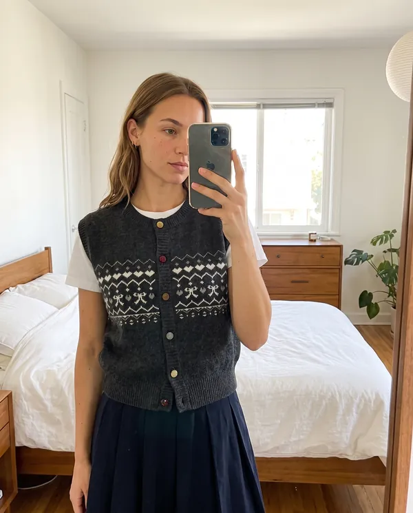 Satin Eve styling: Fair Isle Bow Button Knit Vest