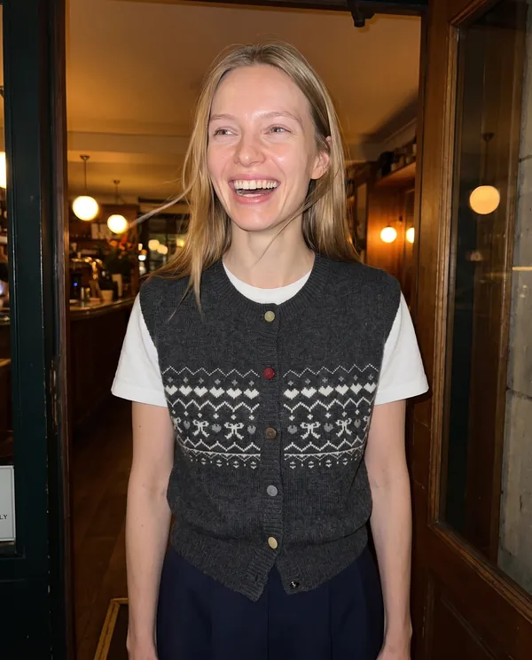 Satin Eve styling: Fair Isle Bow Button Knit Vest