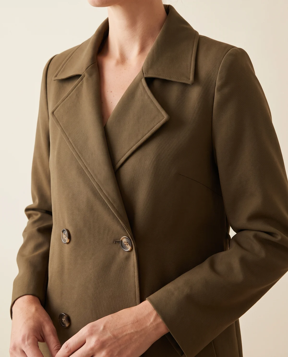 Double-Breasted Long Trench Coat in Olive Brown, close-up of the detail