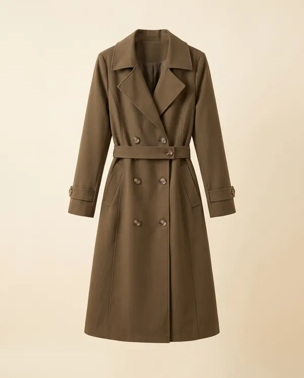 Double-Breasted Long Trench Coat in Olive Brown, product shot on a plain background