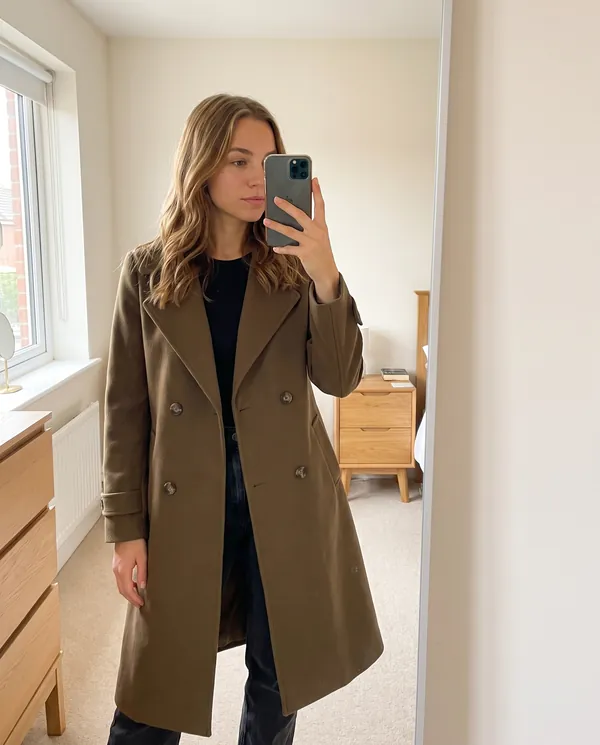 Satin Eve styling: Double-Breasted Long Trench Coat