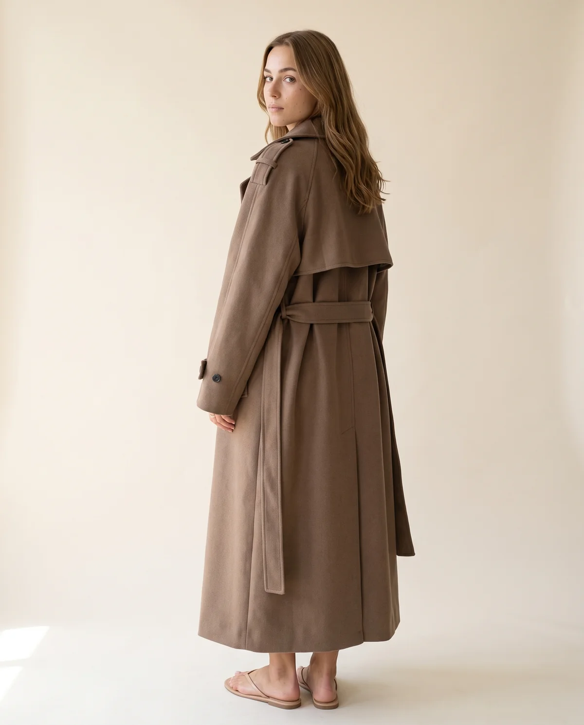 Oversized Belted Trench Coat in Taupe, back view, worn by Ava