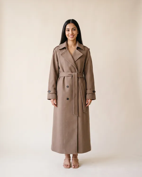 Oversized Belted Trench Coat in Taupe, front view, worn by Priya