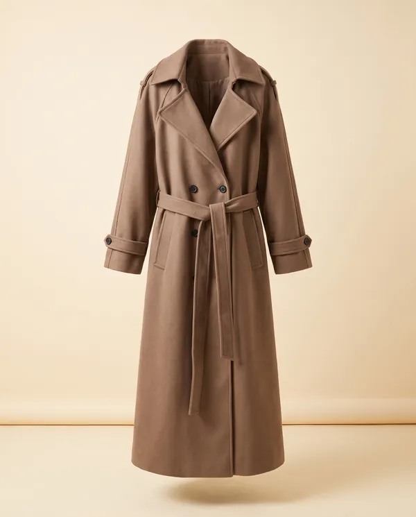 Oversized Belted Trench Coat in Taupe, product shot on a plain background