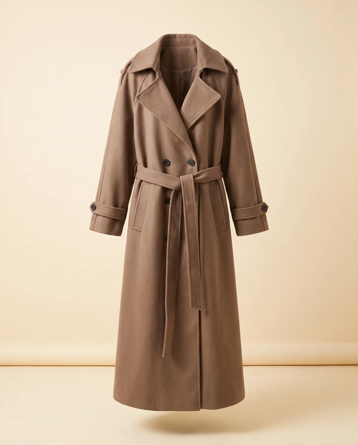 Oversized Belted Trench Coat in Taupe, product shot on a plain background