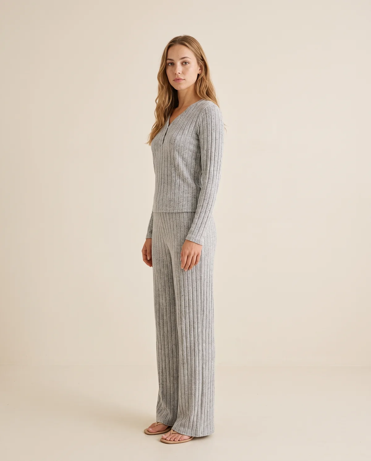 Rib Knit V-Neck Top and Wide-Leg Trouser Set in Heather Grey, side view, worn by Ava