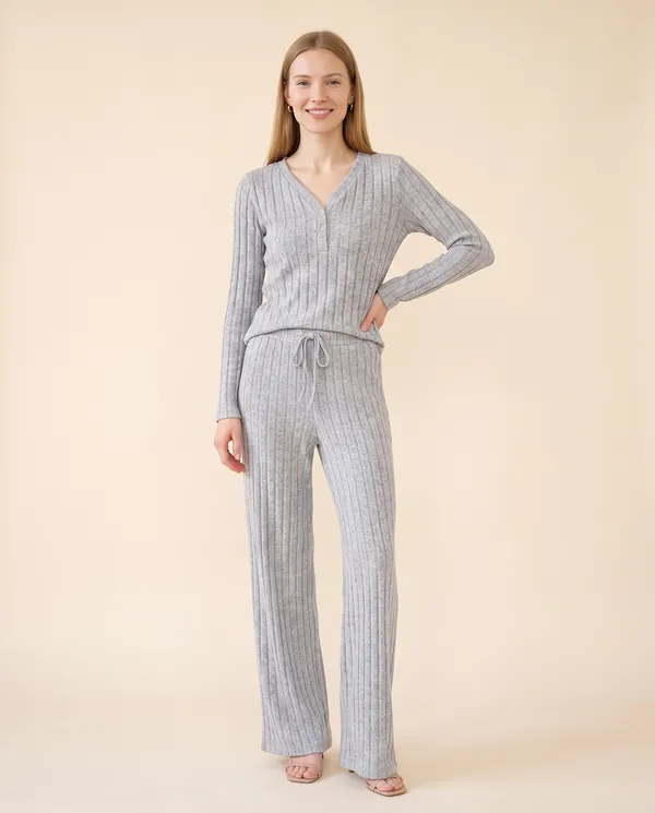 Rib Knit V-Neck Top and Wide-Leg Trouser Set in Heather Grey, front view, worn by Maya