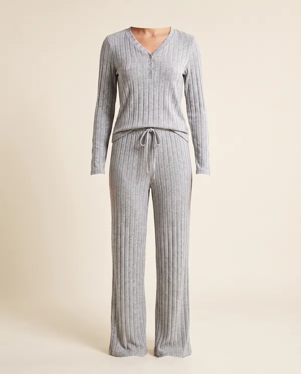 Rib Knit V-Neck Top and Wide-Leg Trouser Set in Heather Grey, product shot on a plain background