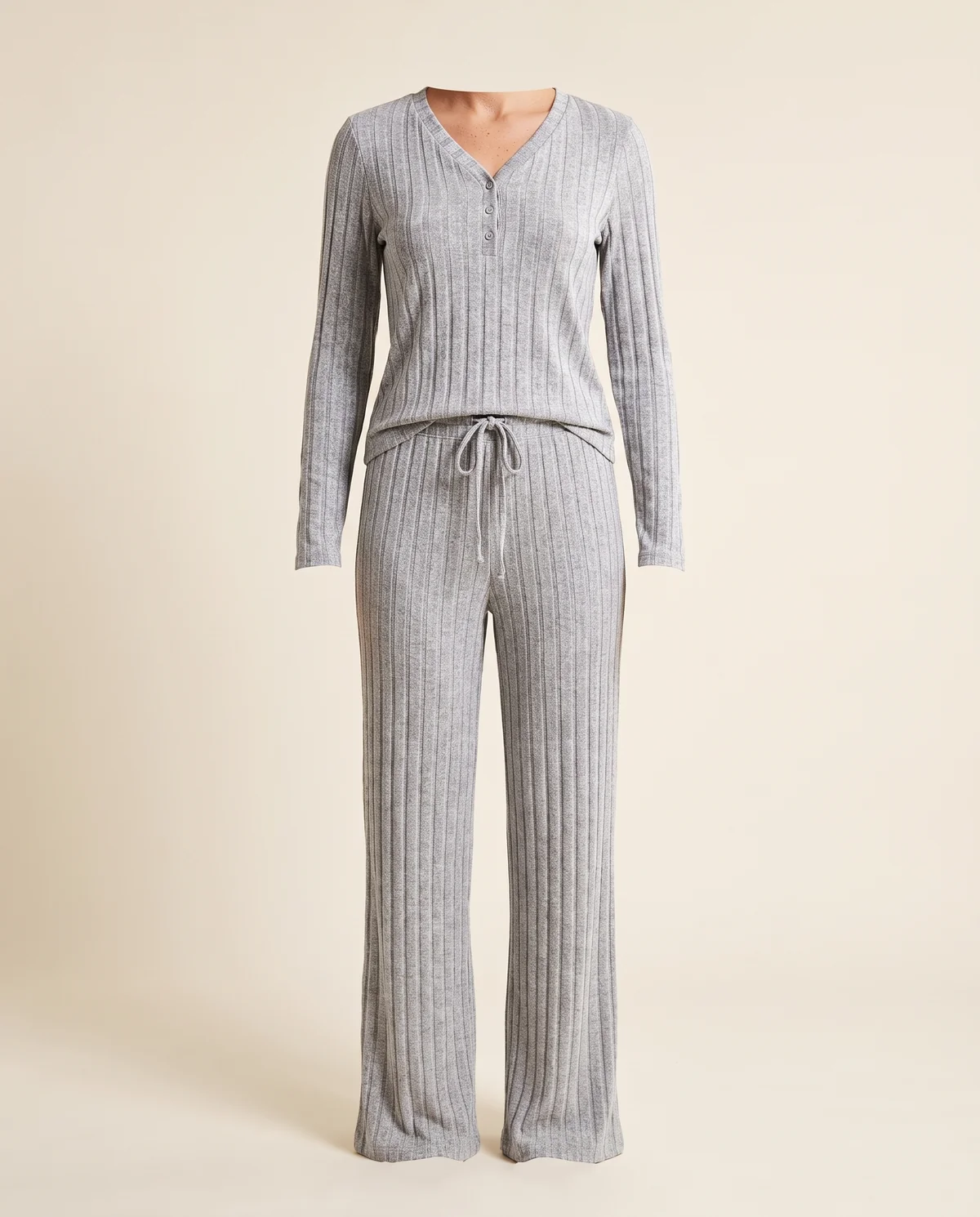 Rib Knit V-Neck Top and Wide-Leg Trouser Set in Heather Grey, product shot on a plain background