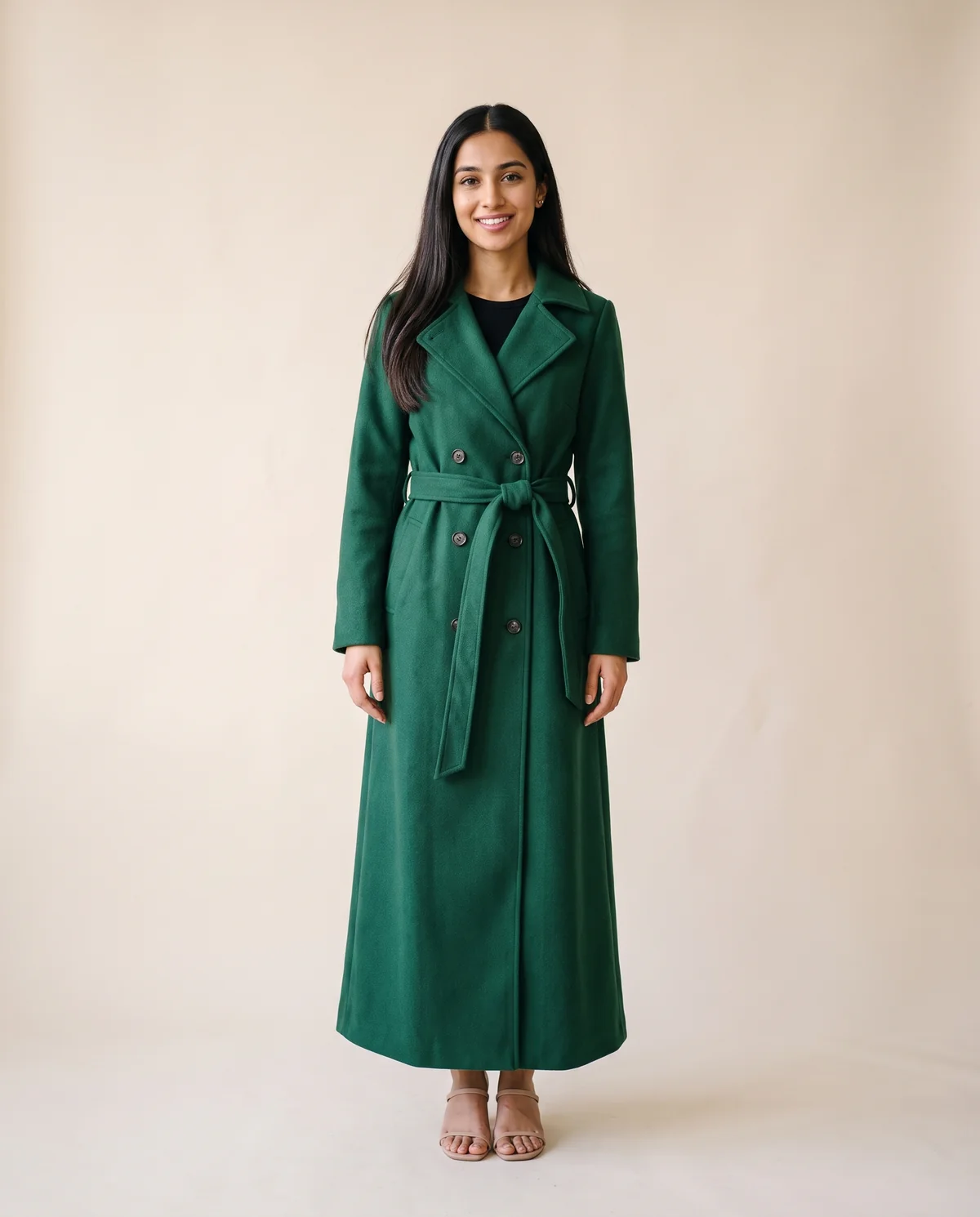 Belted Check Wool-Look Trench Coat in Emerald, front view, worn by Priya