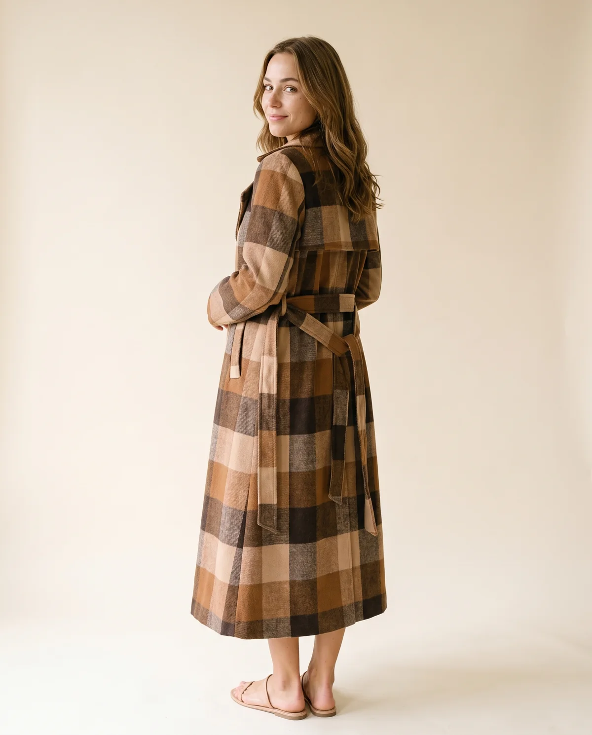 Belted Check Wool-Look Trench Coat in Camel Check, back view, worn by Ava