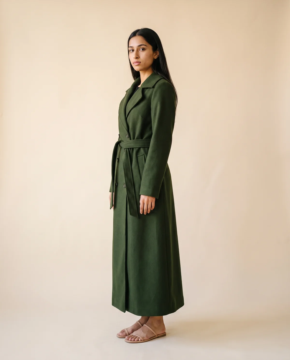 Belted Check Wool-Look Trench Coat in Forest, side view, worn by Priya