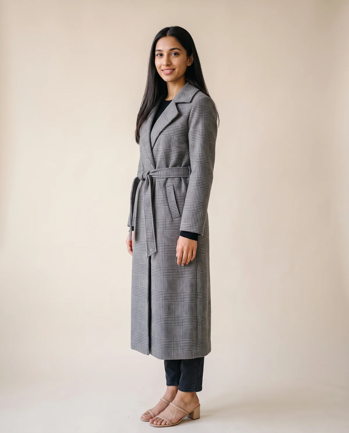 Belted Check Wool-Look Trench Coat in Grey, side view, worn by Priya