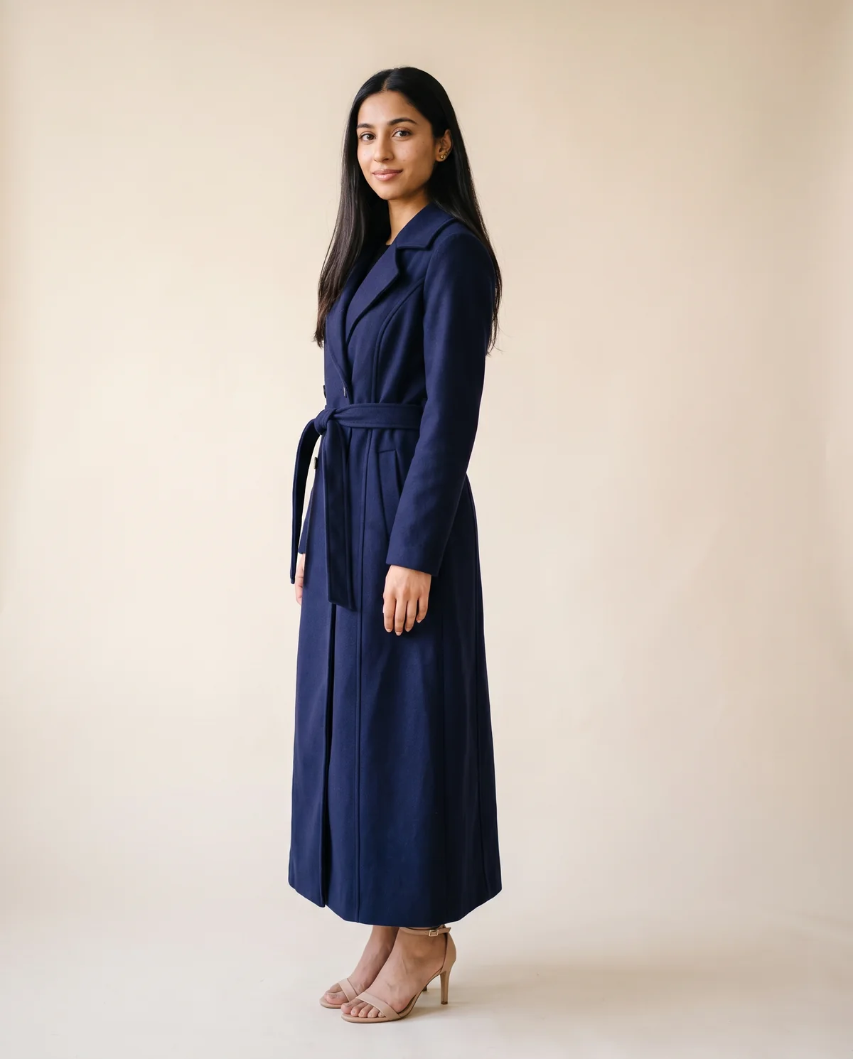 Belted Check Wool-Look Trench Coat in Navy, side view, worn by Priya