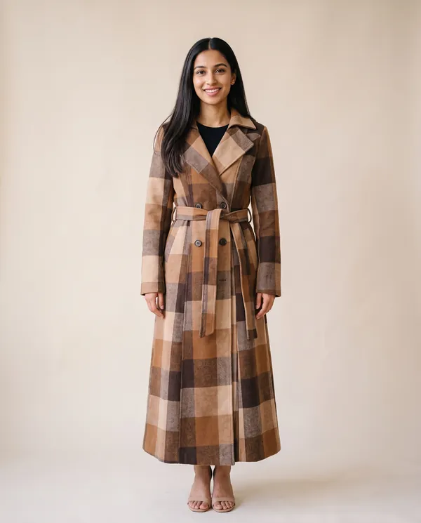 Belted Check Wool-Look Trench Coat in Camel Check, front view, worn by Priya
