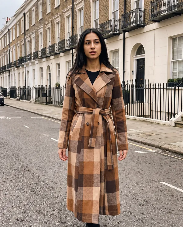Satin Eve styling: Belted Check Wool-Look Trench Coat