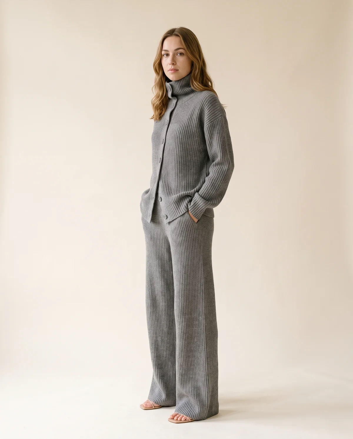 Roll Neck Button Cardigan and Wide-Leg Knit Set in Grey, side view, worn by Ava