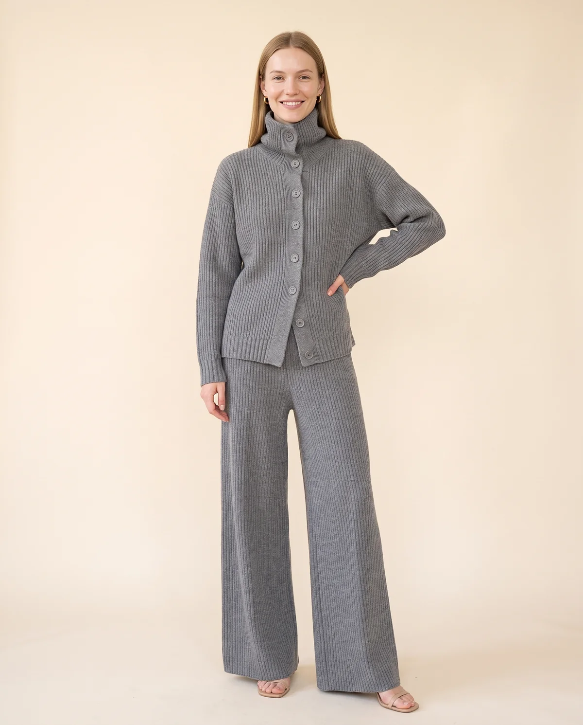 Roll Neck Button Cardigan and Wide-Leg Knit Set in Grey, front view, worn by Maya
