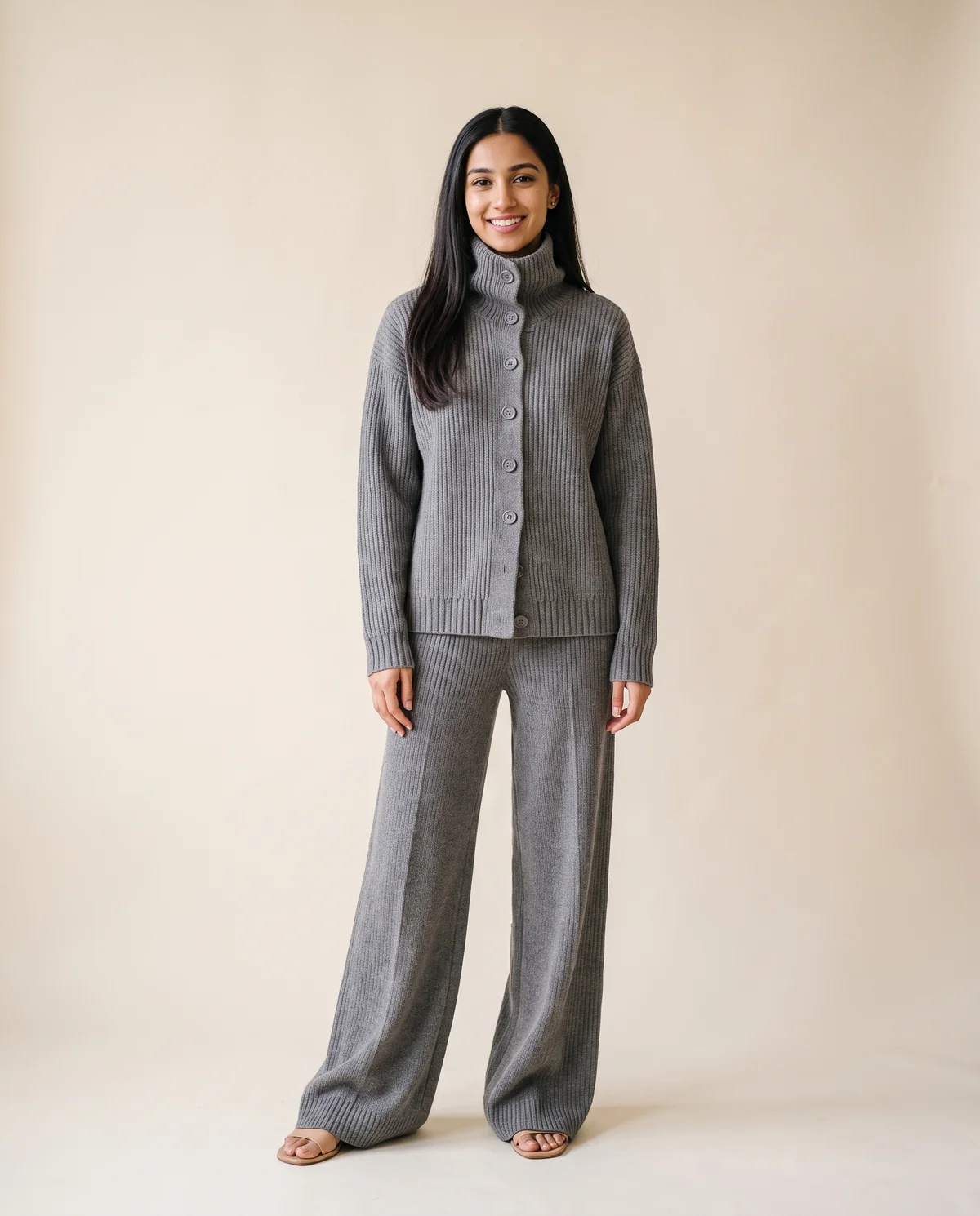 Roll Neck Button Cardigan and Wide-Leg Knit Set in Grey, front view, worn by Priya