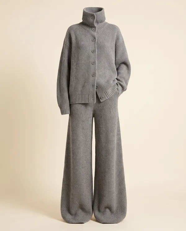 Roll Neck Button Cardigan and Wide-Leg Knit Set in Grey, product shot on a plain background