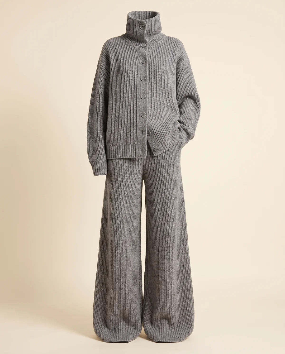 Roll Neck Button Cardigan and Wide-Leg Knit Set in Grey, product shot on a plain background