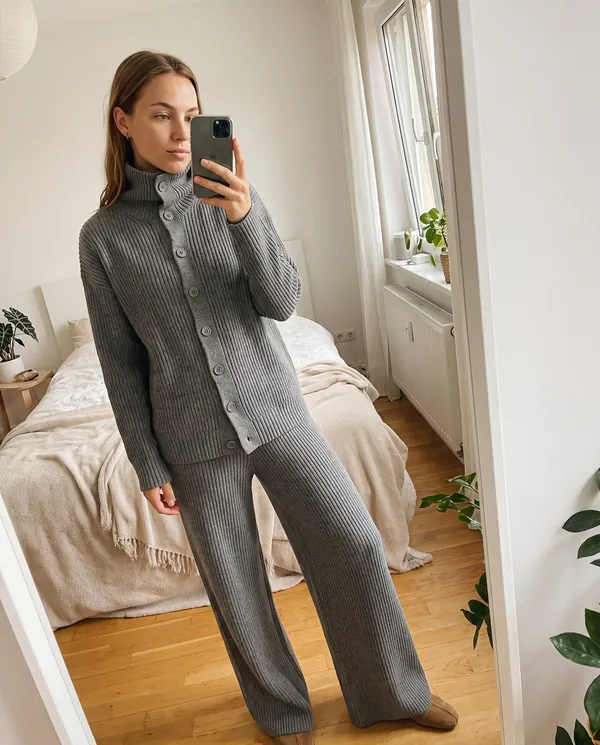 Satin Eve styling: Roll Neck Button Cardigan and Wide-Leg Knit Set