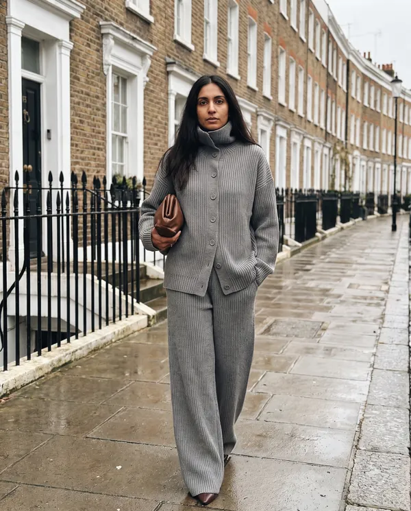 Satin Eve styling: Roll Neck Button Cardigan and Wide-Leg Knit Set