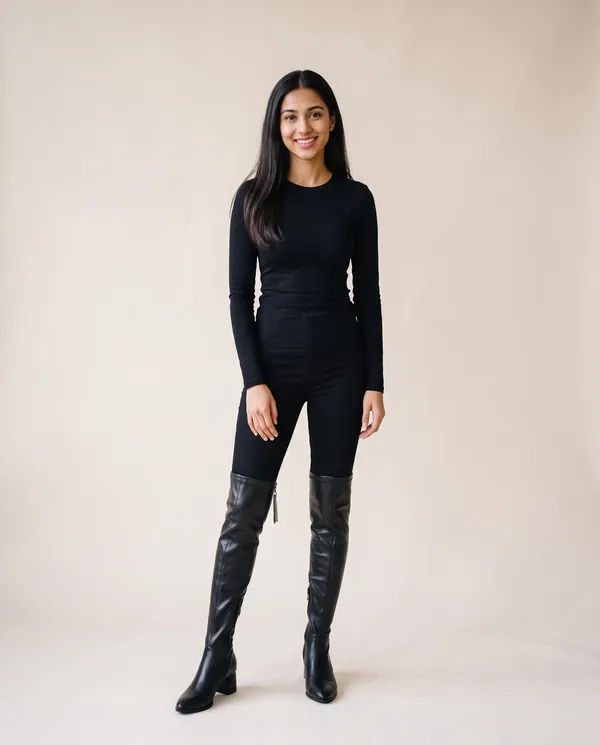 Stretch Over-the-Knee Block-Heel Boot in Black, front view, worn by Priya