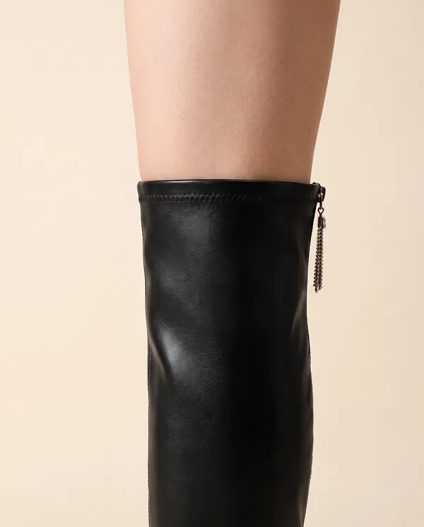 Stretch Over-the-Knee Block-Heel Boot in Black, close-up of the detail