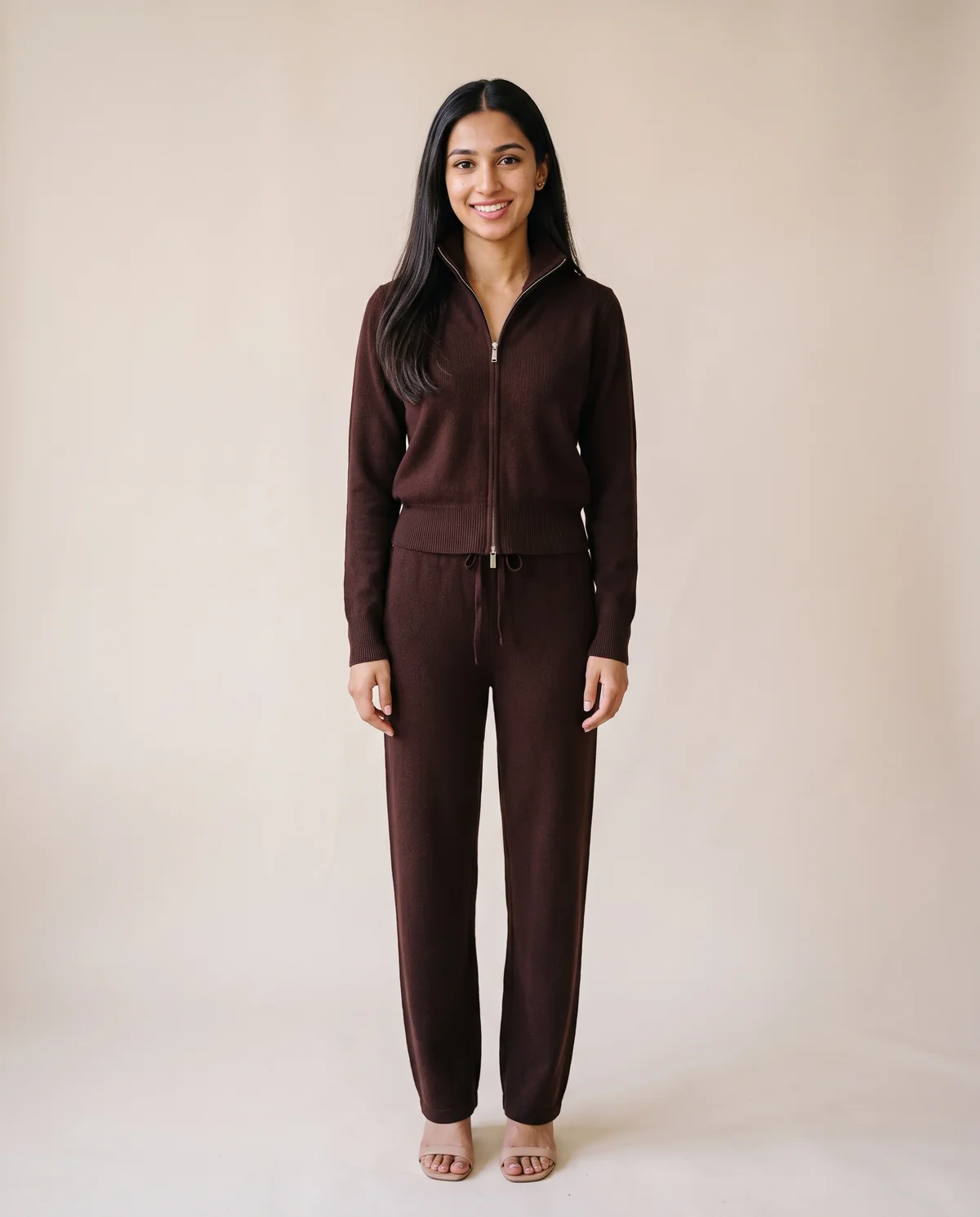 Zip-Up Knit Jacket and Trouser Set in Dark Chocolate, front view, worn by Priya