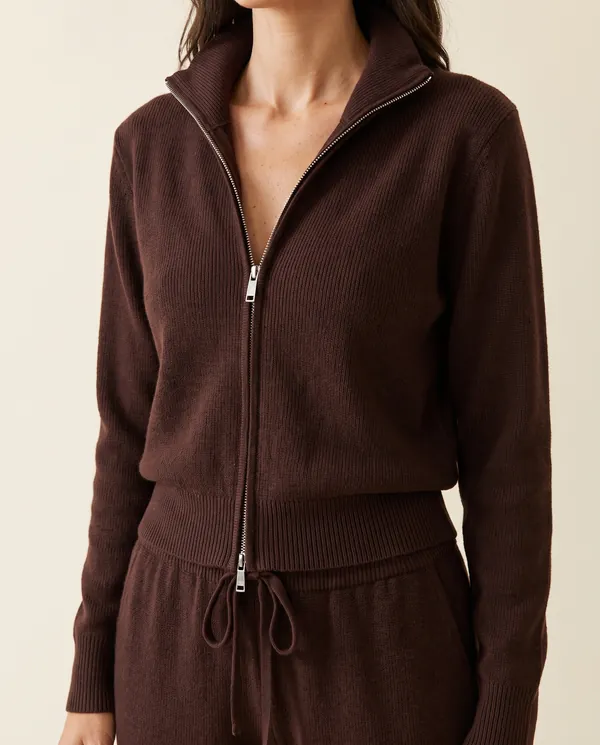 Zip-Up Knit Jacket and Trouser Set in Dark Chocolate, close-up of the detail