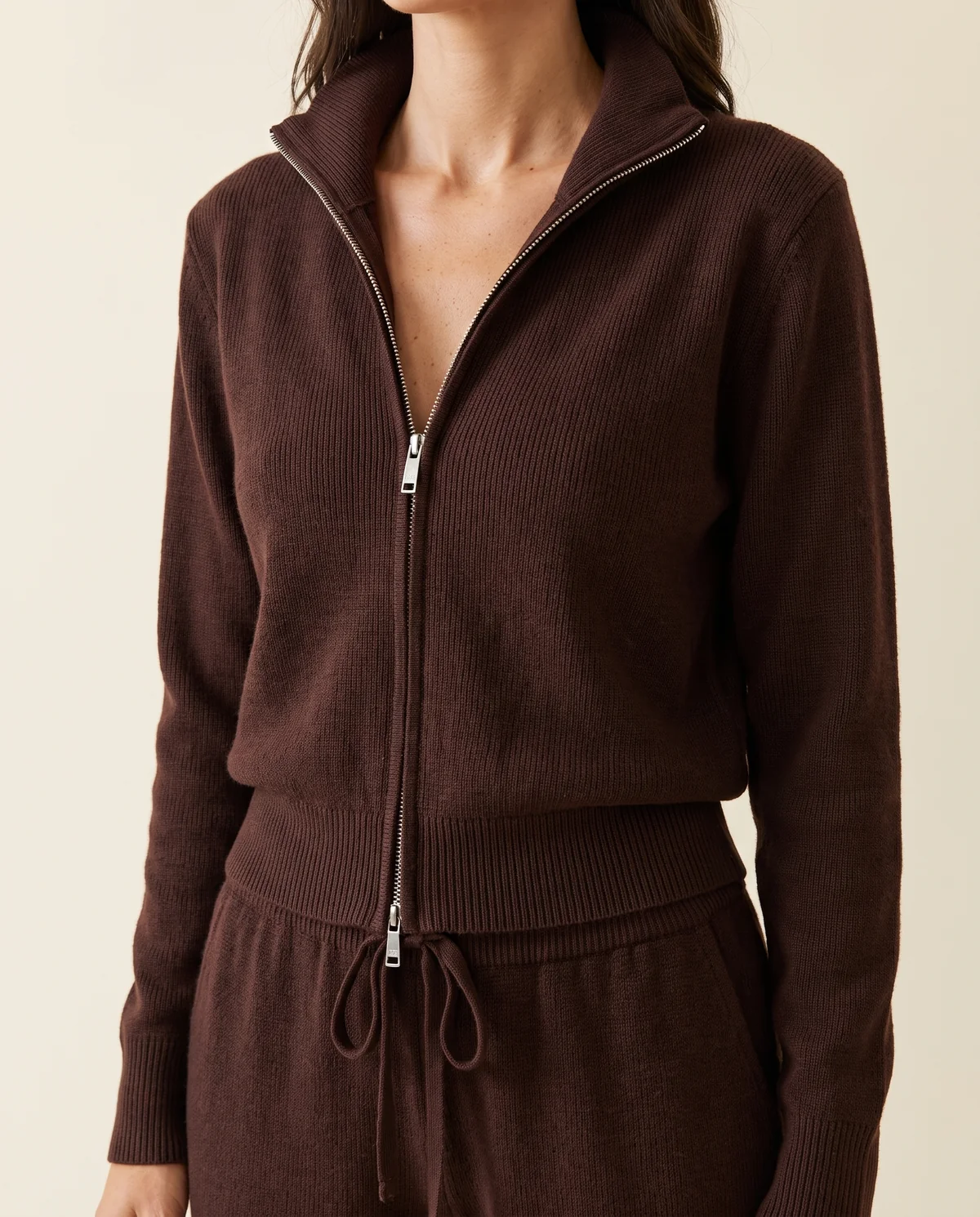 Zip-Up Knit Jacket and Trouser Set in Dark Chocolate, close-up of the detail