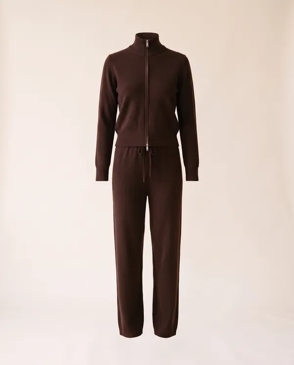 Zip-Up Knit Jacket and Trouser Set in Dark Chocolate, product shot on a plain background