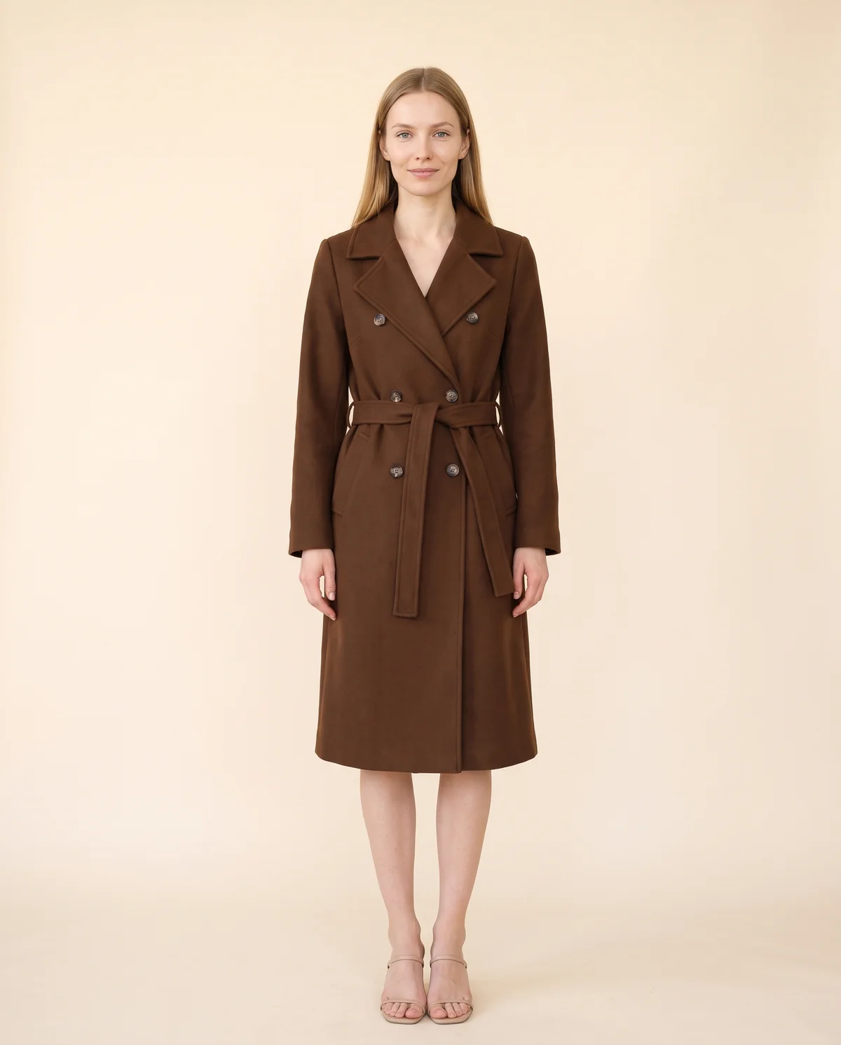 Double-Breasted Wrap Trench Coat in Brown, front view, worn by Maya