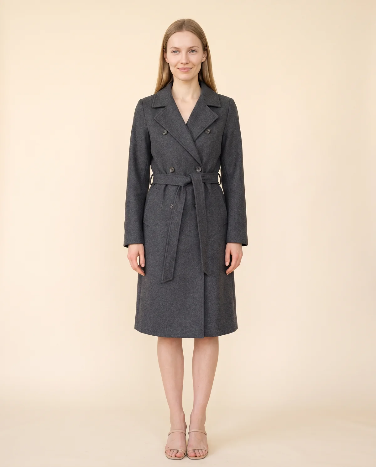 Double-Breasted Wrap Trench Coat in Charcoal, front view, worn by Maya