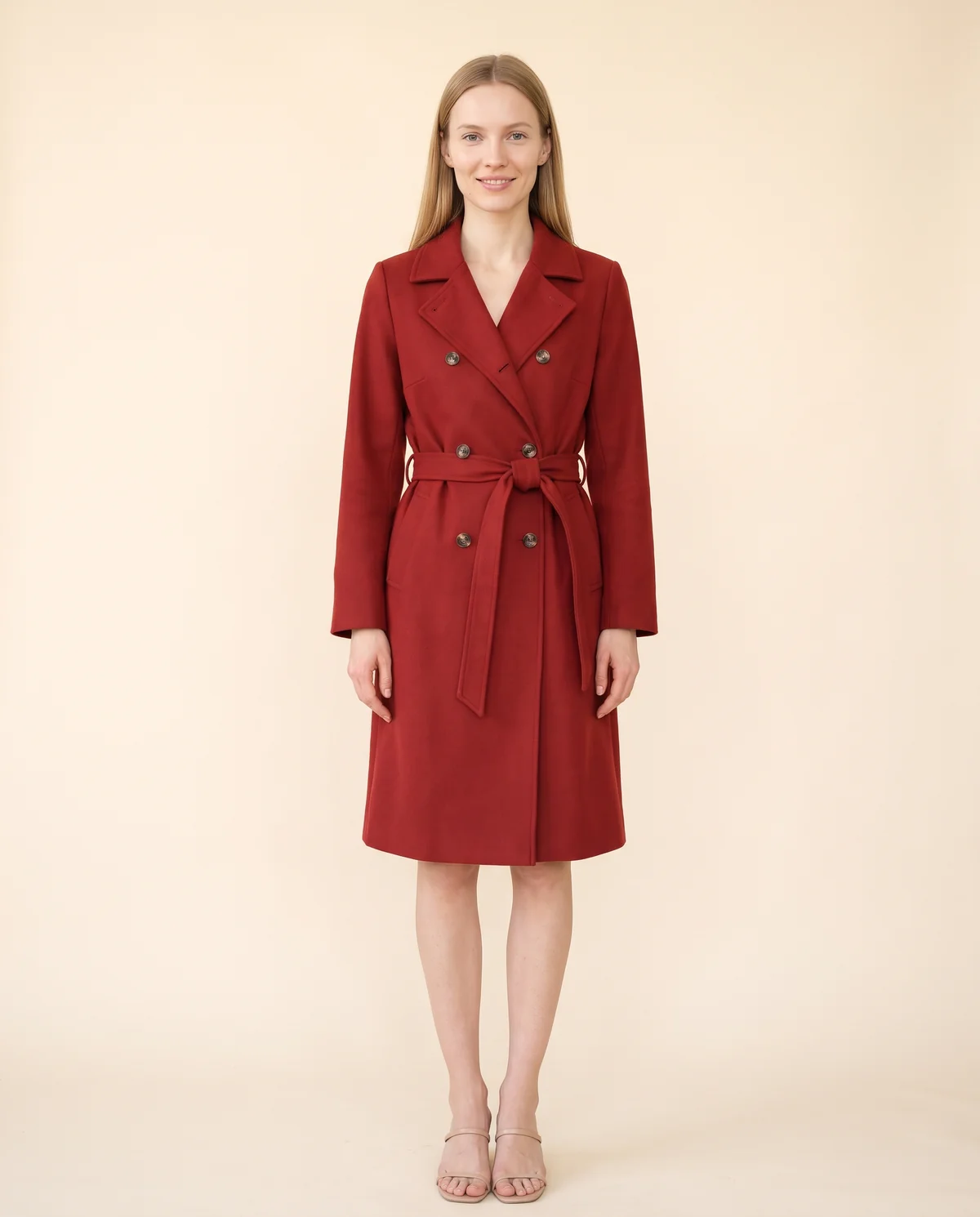 Double-Breasted Wrap Trench Coat in Red, front view, worn by Maya