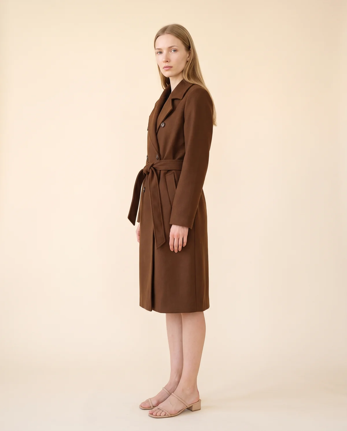 Double-Breasted Wrap Trench Coat in Brown, side view, worn by Maya