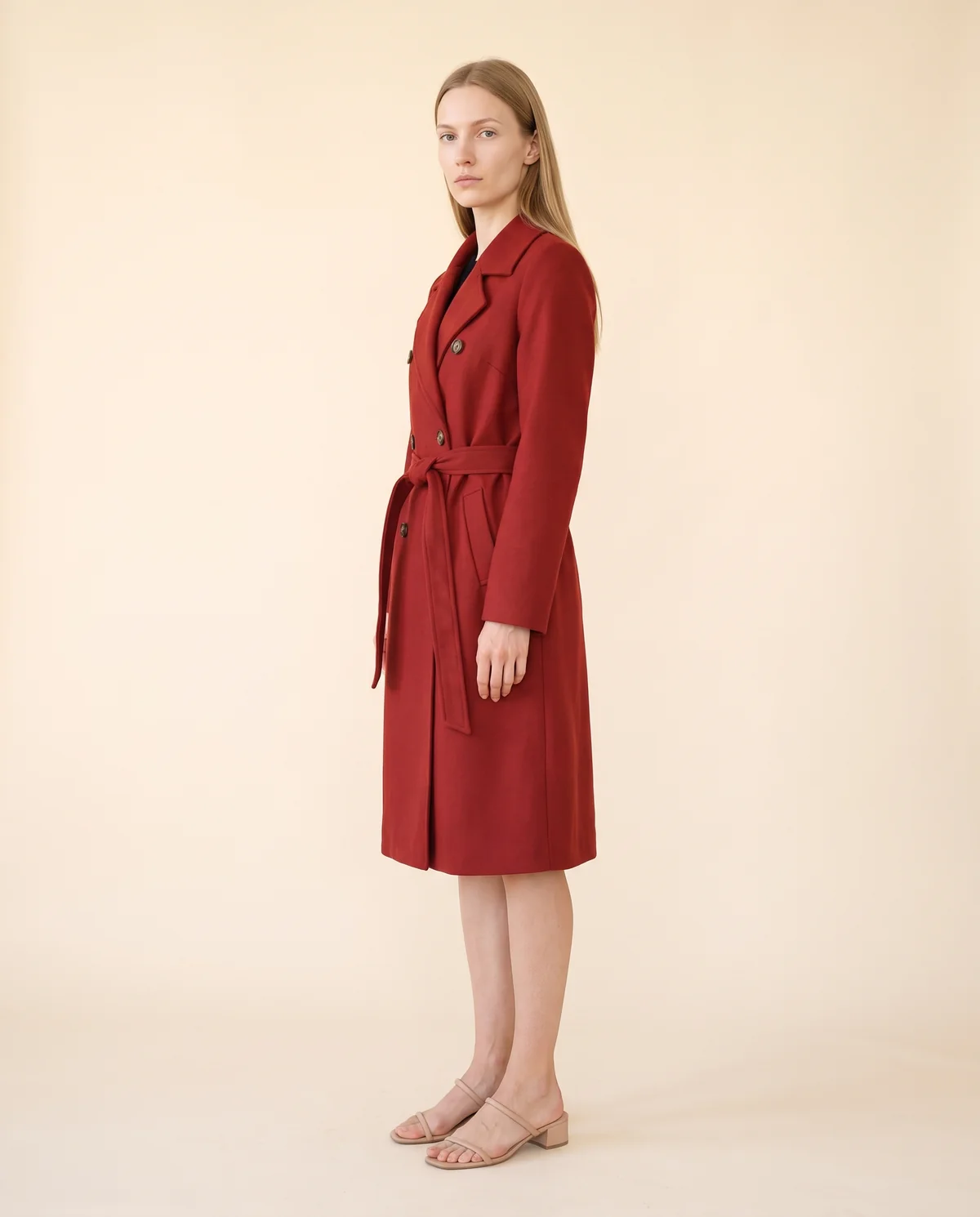 Double-Breasted Wrap Trench Coat in Red, side view, worn by Maya