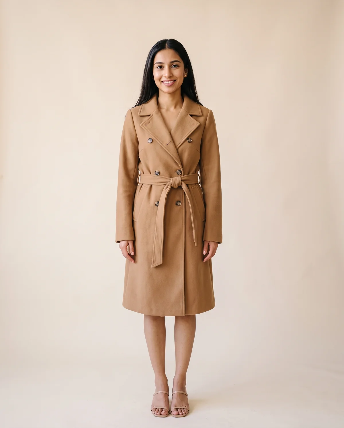Double-Breasted Wrap Trench Coat in Camel, front view, worn by Priya