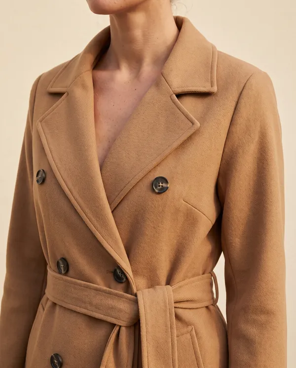 Double-Breasted Wrap Trench Coat in Camel, close-up of the detail