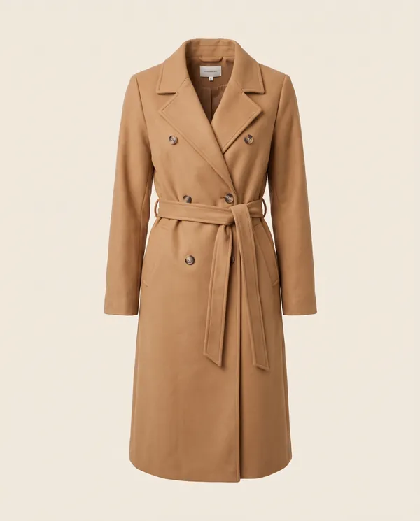 Double-Breasted Wrap Trench Coat in Camel, product shot on a plain background
