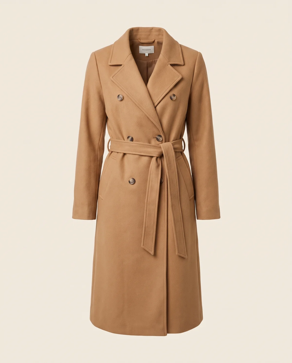 Double-Breasted Wrap Trench Coat in Camel, product shot on a plain background
