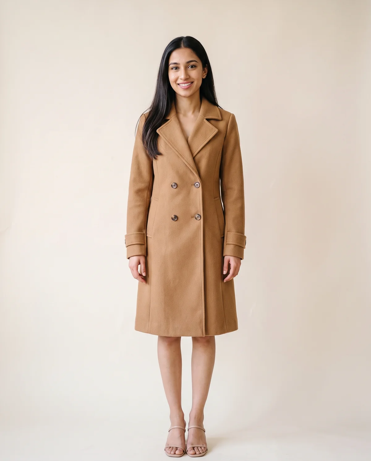 Wool-Look Trench Coat in Camel, front view, worn by Priya