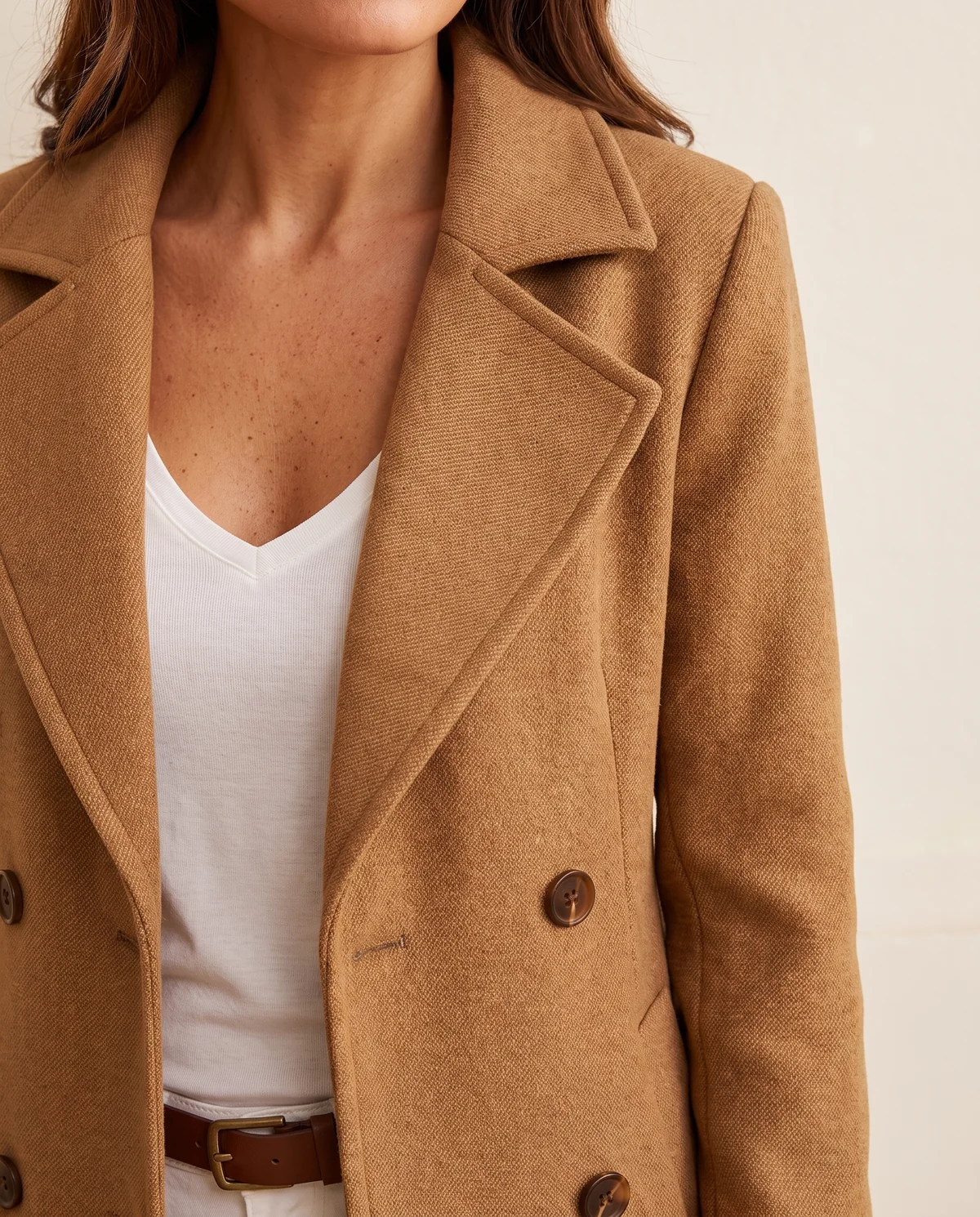 Wool-Look Trench Coat in Camel, close-up of the detail