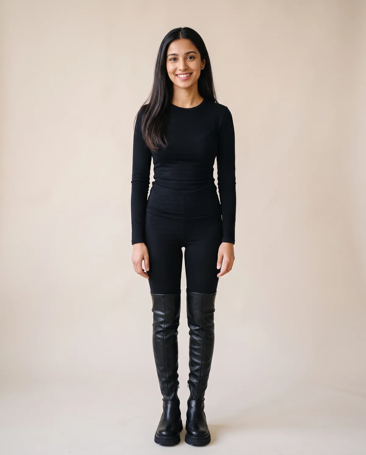 Flat Platform Over-the-Knee Boot in Black, front view, worn by Priya